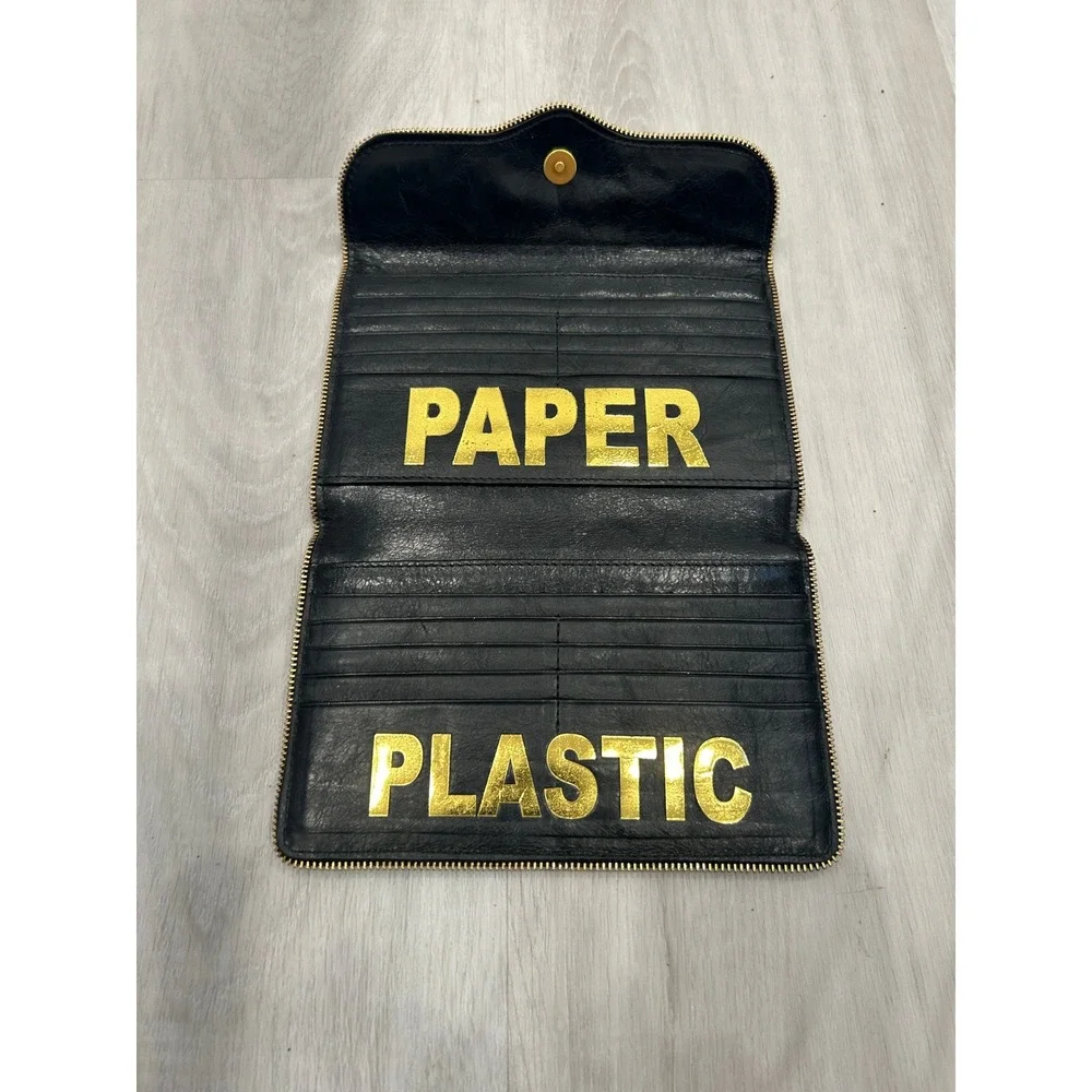 Rebecca‎ Minkoff Black Leather Zip Around Wallet Organizer Paper Plastic Gold